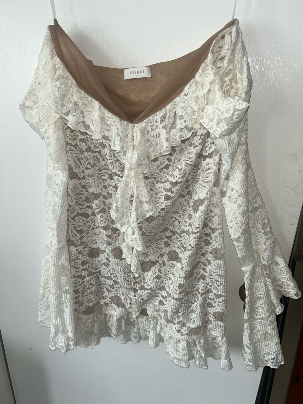 Meshki Lindsay Lace Plisse Off-Shoulder Lace Mini Dress in Ivory White XL - Picture 3 of 5
